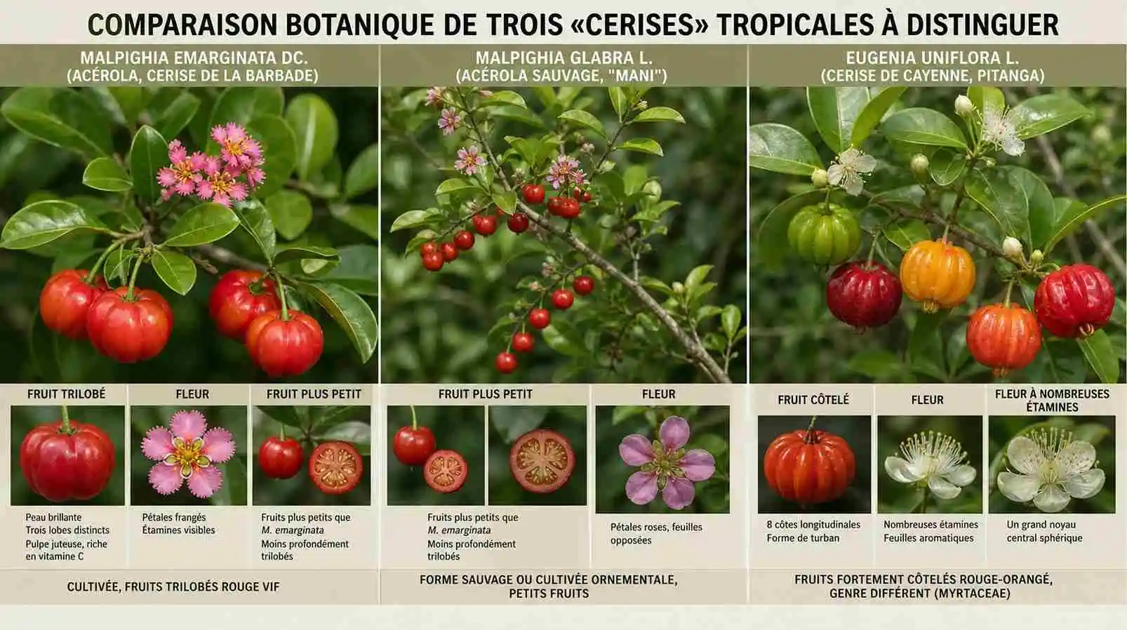 Acérola Malpighia emarginata — distinctions avec les espèces voisines et les fruits rouges tropicaux similaires Comparaison botanique entre Malpighia emarginata (acérola, fruits trilobés rouge vif), Malpighia glabra (acérola sauvage, fruits plus petits) et la cerise de Cayenne (Eugenia uniflora, fruits côtelés rouge-orangé) — espèces à distinguer