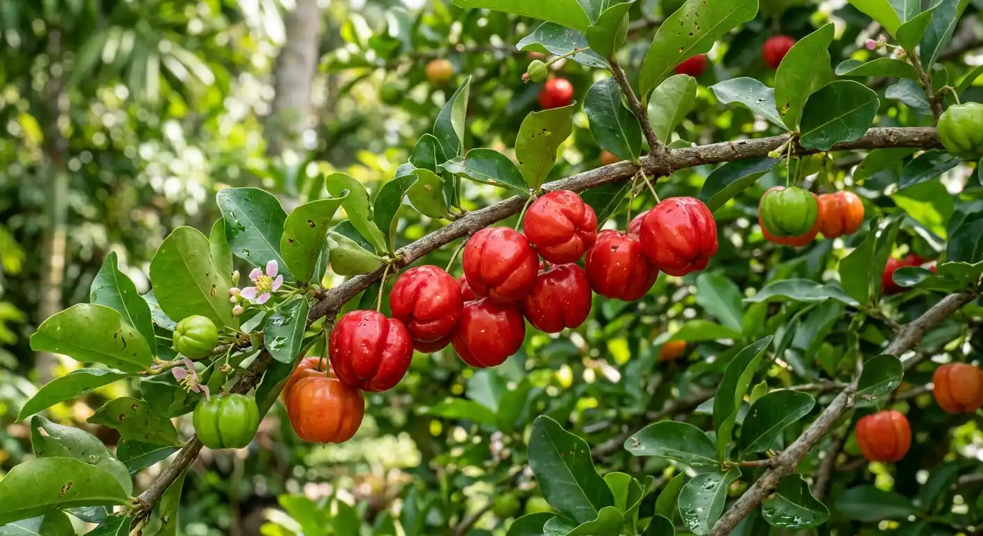 Acérola Malpighia emarginata — fruits rouges riches en vitamine C naturelle Acérola (Malpighia emarginata) : petits fruits rouges brillants en grappes sur les rameaux feuillus — arbuste tropical source exceptionnelle de vitamine C naturelle