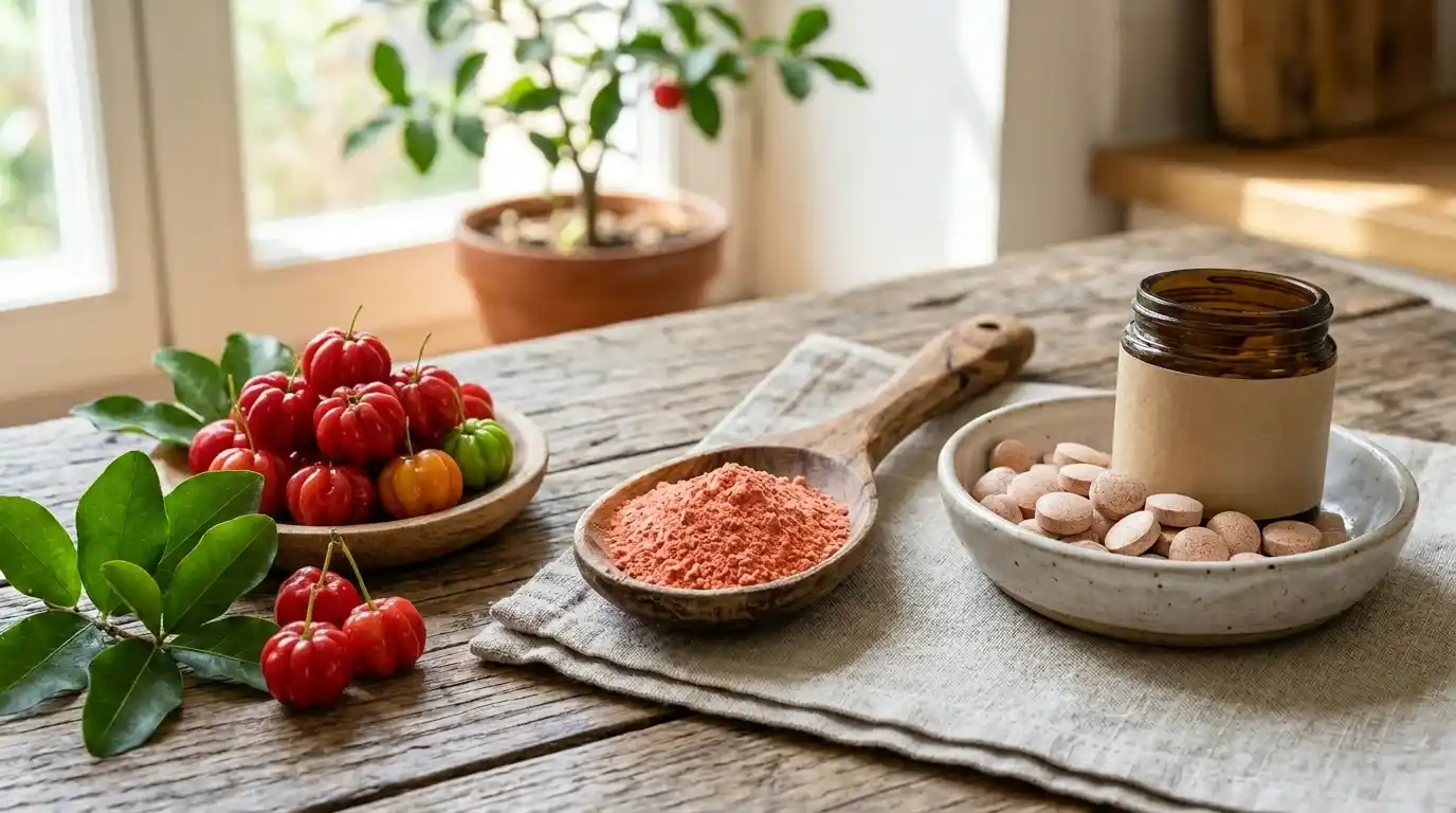 Acérola poudre lyophilisée et comprimés — vitamine C naturelle de Malpighia emarginata Poudre d'acérola lyophilisée dans une cuillère en bois, comprimés d'acérola et fruits frais de Malpighia emarginata — formes de supplémentation en vitamine C naturelle