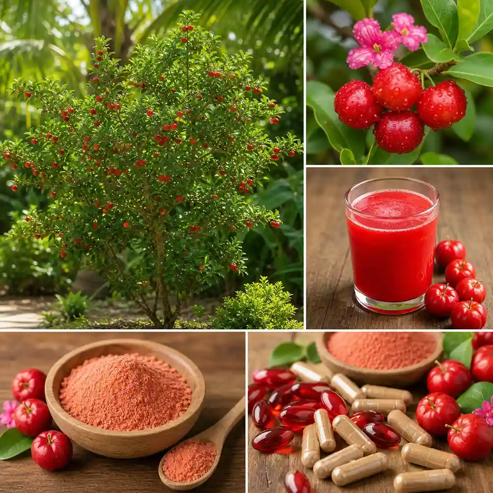 Composite botanique de l'acérola : arbuste Malpighia emarginata chargé de fruits rouges, gros plan sur les cerises et fleurs roses, verre de jus frais, poudre lyophilisée dans un bol en bois et gélules de complément alimentaire