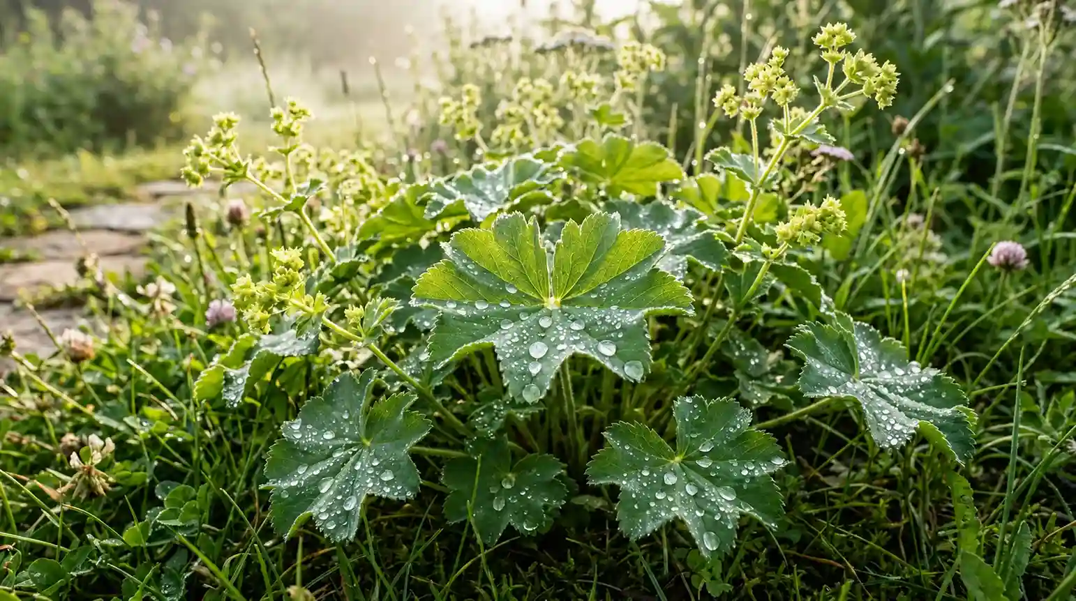 Alchémille Alchemilla vulgaris — bienfaits, cycle menstruel et propriétés médicinales Alchémille (Alchemilla vulgaris) : feuilles palmées plissées en éventail retenant des gouttes de rosée sphériques — plante médicinale traditionnelle de la sphère féminine
