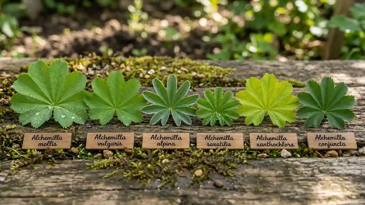 Identification du genre Alchemilla — reconnaître les feuilles palmées plissées caractéristiques Comparaison de feuilles de différentes espèces du genre Alchemilla : feuilles palmées plissées caractéristiques permettant de reconnaître le genre malgré la diversité des microspecies