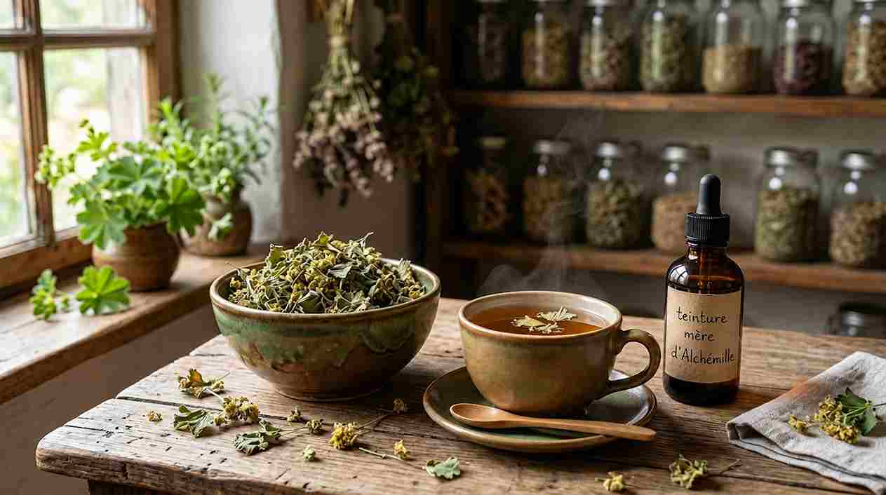 Alchémille séchée, infusion et teinture mère — formes et posologie pour le confort féminin Alchémille séchée en vrac dans un bol, infusion d'Alchemilla vulgaris en tasse et flacon de teinture mère — formes médicinales pour le cycle menstruel et la digestion