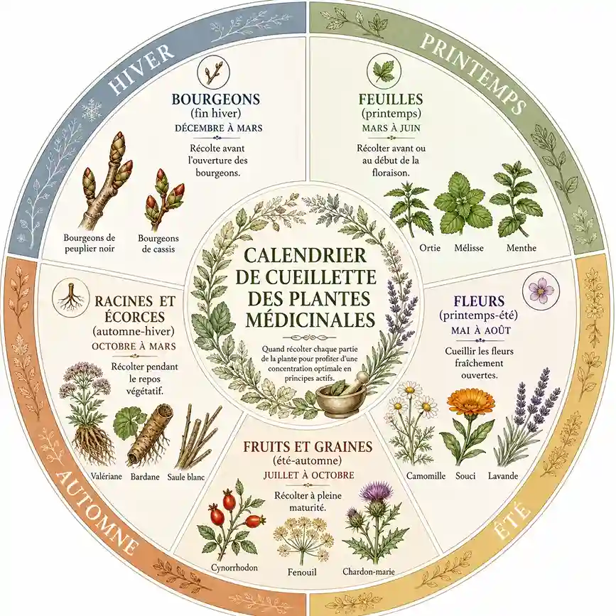 Infographie circulaire présentant le calendrier de cueillette des plantes médicinales avec les périodes de récolte des bourgeons, feuilles, fleurs, fruits, graines, racines et écorces au fil des saisons