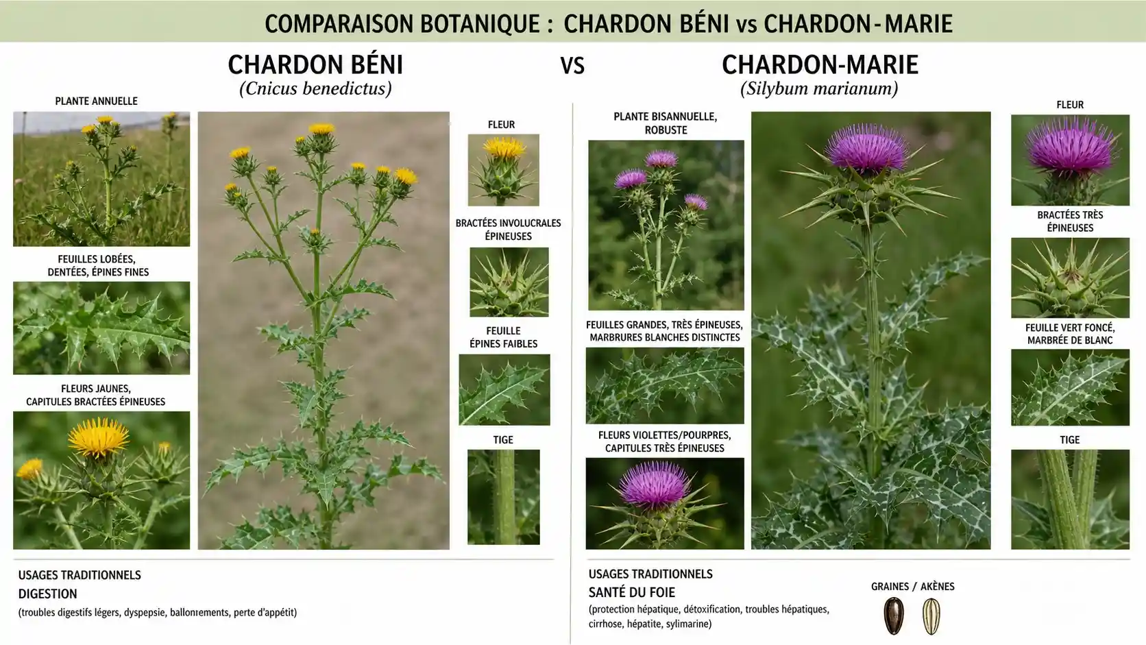 Chardon béni vs chardon-Marie : différences botaniques et usages Comparaison botanique entre le chardon béni (Cnicus benedictus) et le chardon-Marie (Silybum marianum) montrant leurs différences morphologiques et leurs usages traditionnels respectifs pour la digestion et le foie.