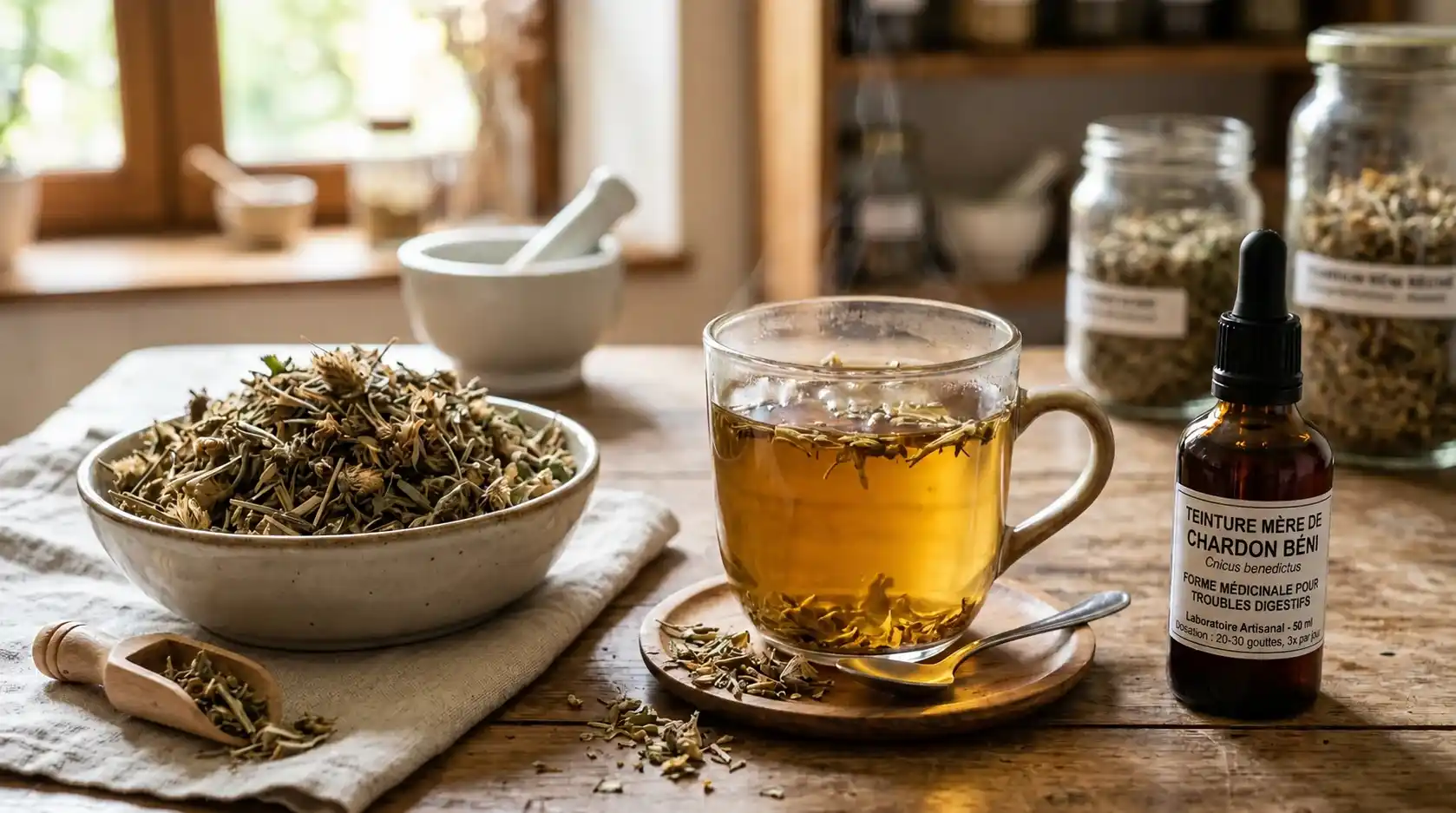 Chardon béni infusion et teinture mère — préparation et posologie pour la digestion Chardon béni séché en vrac, infusion de Cnicus benedictus en tasse et flacon de teinture mère — formes médicinales pour les troubles digestifs