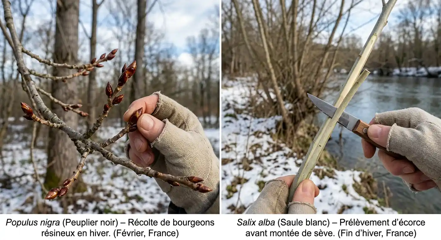 Cueillette hivernale — bourgeons de peuplier et écorce de saule avant la montée de sève Récolte de bourgeons médicinaux en hiver : bourgeons de peuplier noir collants et parfumés sur rameaux nus, et écorce de saule blanc en cours de prélèvement