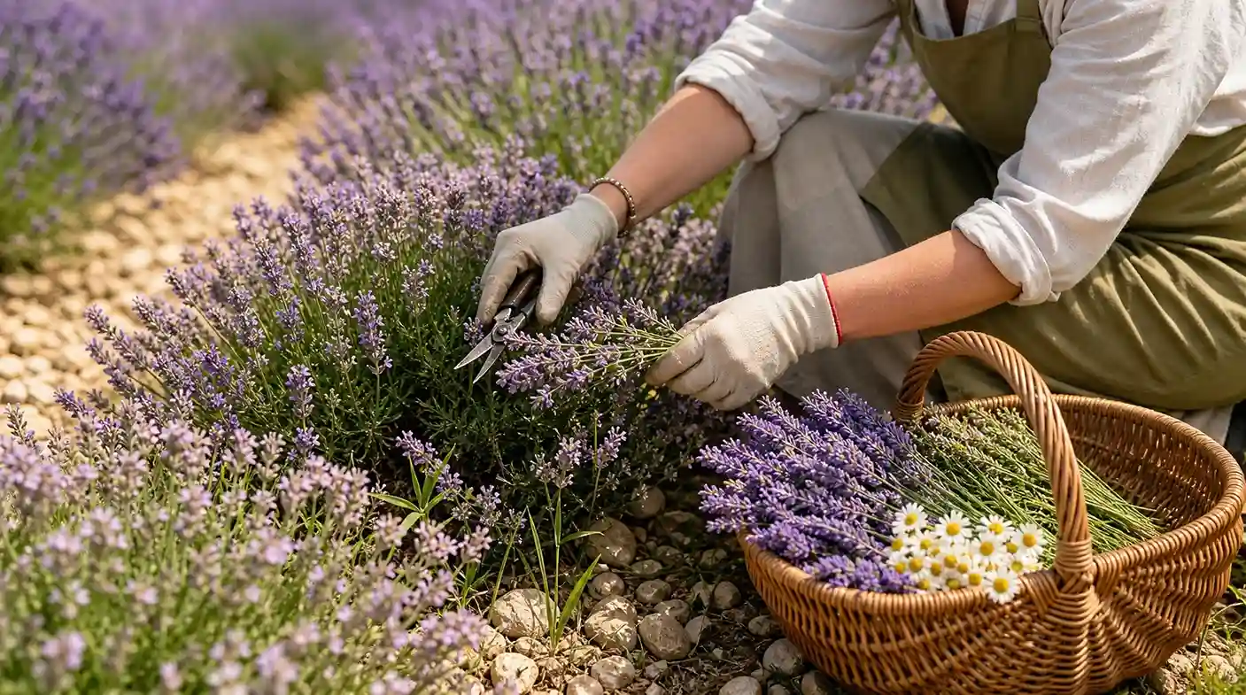 Cueillette estivale — lavande, thym et camomille au pic de leurs huiles essentielles Cueillette de plantes médicinales en été : épis de lavande, sommités de thym fleuri et capitules de camomille dans un paysage méditerranéen ensoleillé