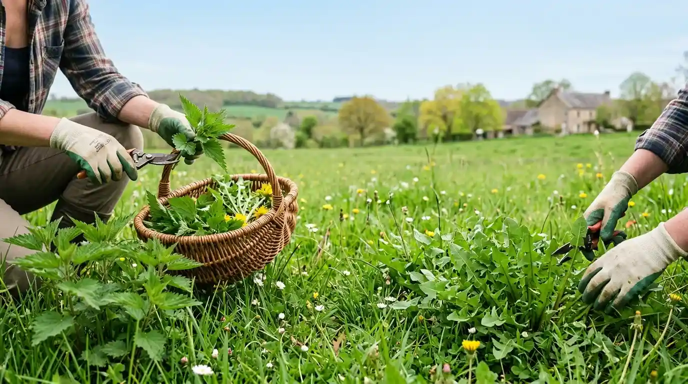 Cueillette printanière des plantes médicinales — orties, pissenlit et premières pousses Calendrier de cueillette des plantes médicinales au printemps : jeunes pousses d'ortie et rosettes de pissenlit dans une prairie verte — récolte des feuilles avant floraison