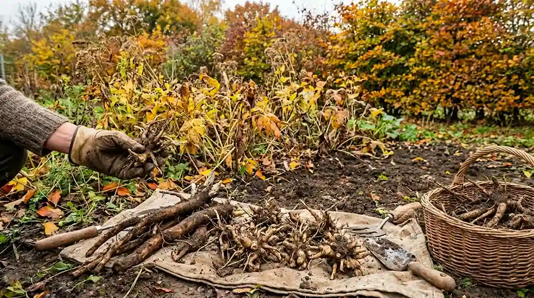 Récolte automnale des racines médicinales — valériane, bardane et pissenlit Récolte de racines médicinales en automne : racines de valériane et de bardane fraîchement extraites du sol, avec feuillage jauni en arrière-plan