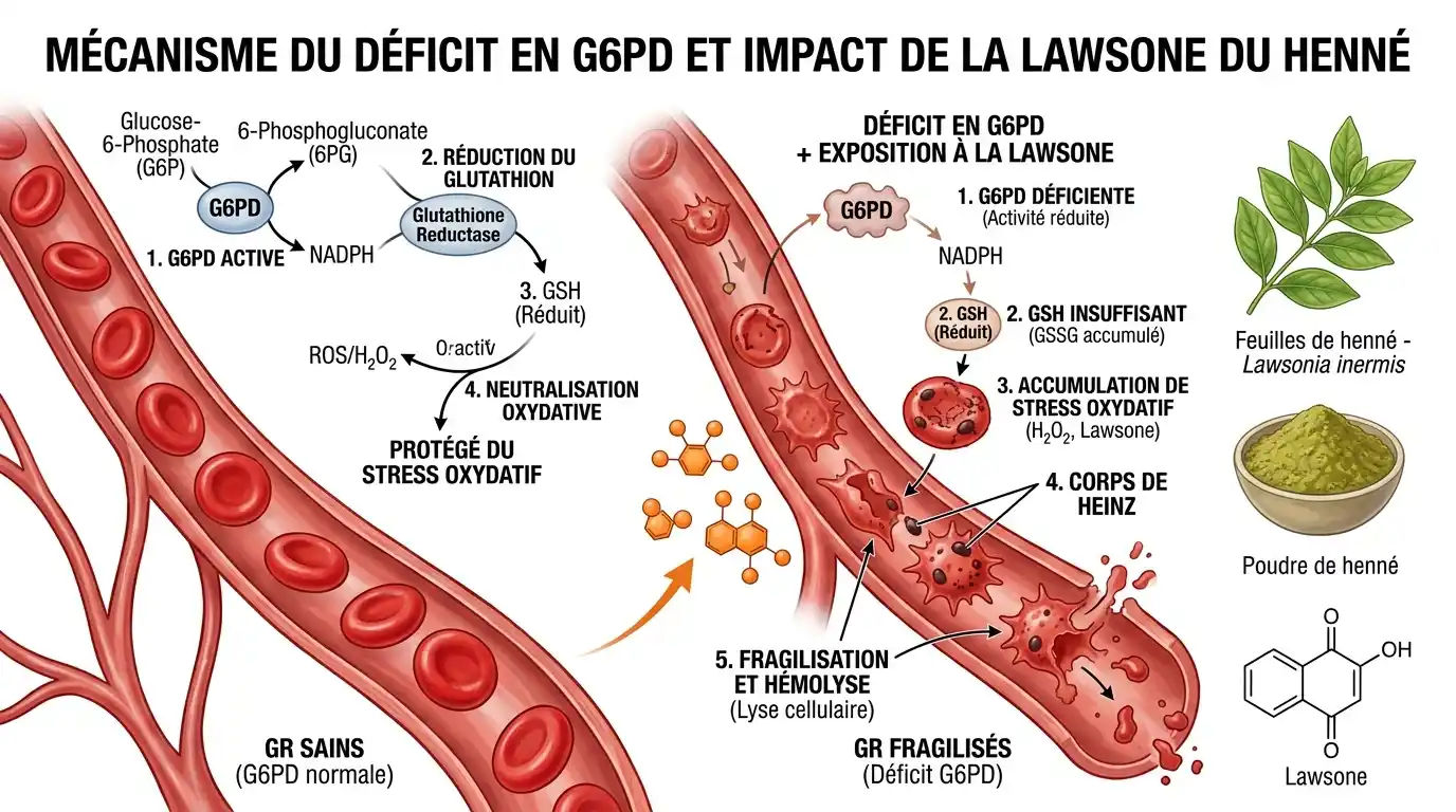 Mécanisme du déficit en G6PD et impact de la lawsone du henné sur les globules rouges Illustration scientifique du mécanisme du déficit en G6PD montrant des globules rouges sains puis fragilisés par le stress oxydatif induit par la lawsone du henné (Lawsonia inermis).