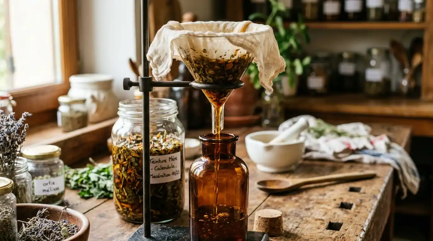 Filtration de la teinture mère après 21 jours de macération Filtration d'une teinture mère artisanale à travers une étamine posée sur entonnoir en verre, liquide ambré qui s'écoule dans un flacon