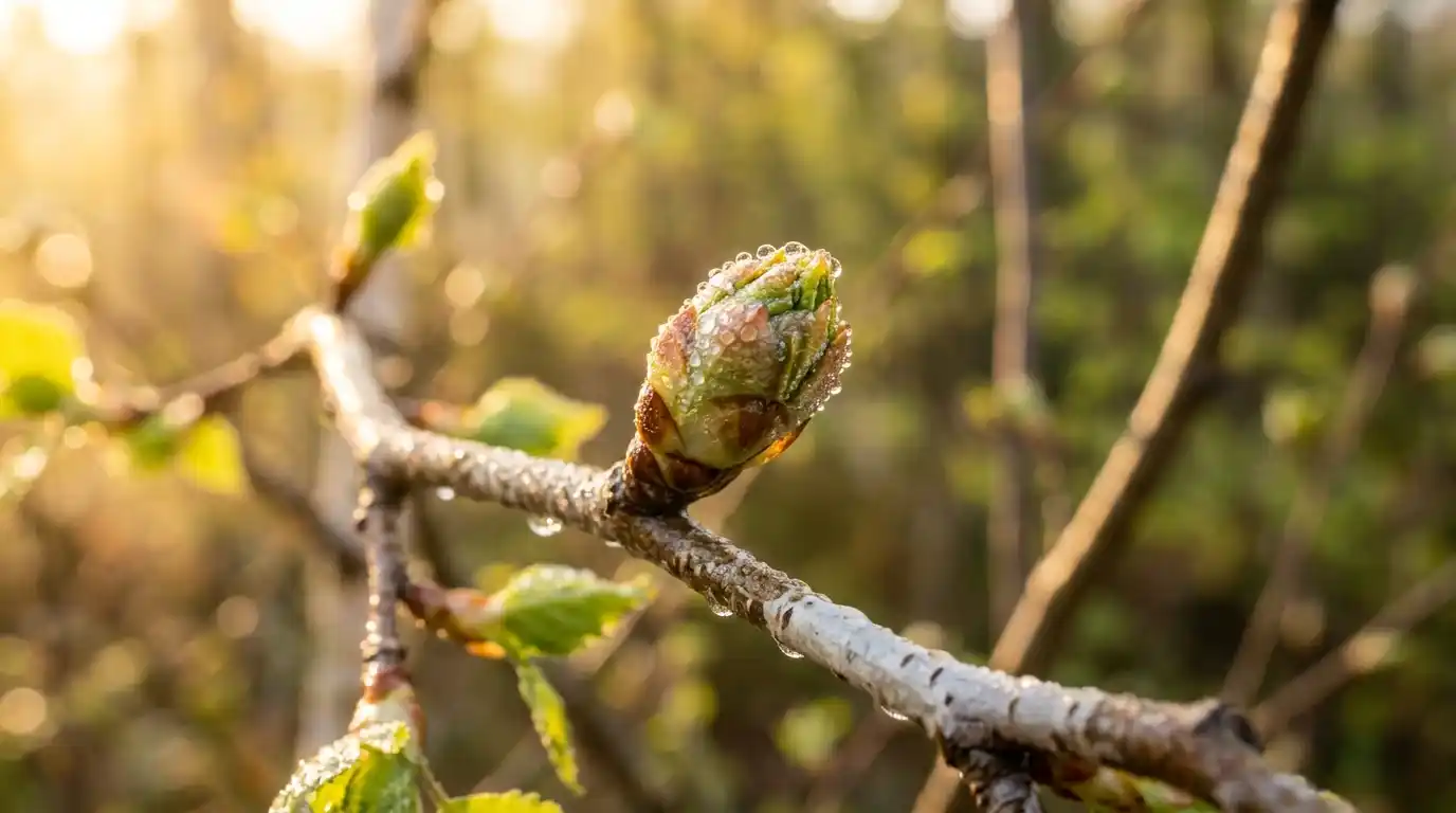 Bourgeon de bouleau au printemps : symbole de la gemmothérapie bourgeon de bouleau en gros plan couvert de rosée lumière dorée du matin gemmothérapie