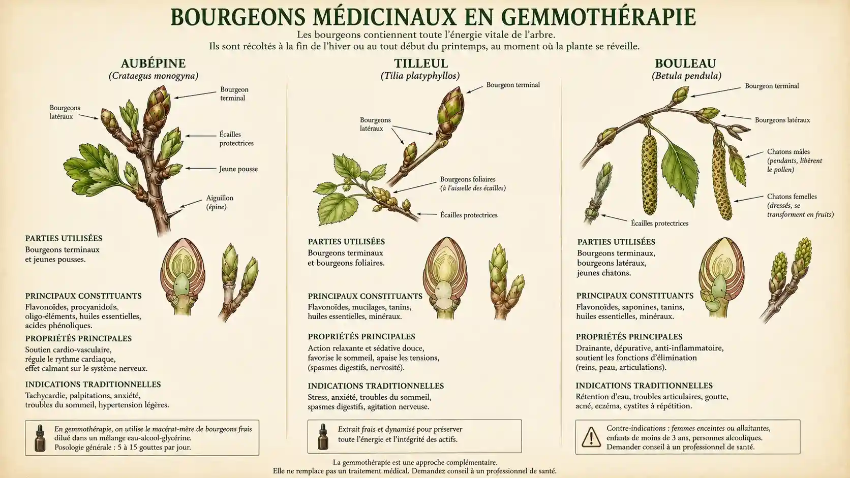 Illustration botanique de bourgeons médicinaux utilisés en gemmothérapie illustration botanique de bourgeons d'arbres médicinaux aubépine tilleul bouleau gemmothérapie