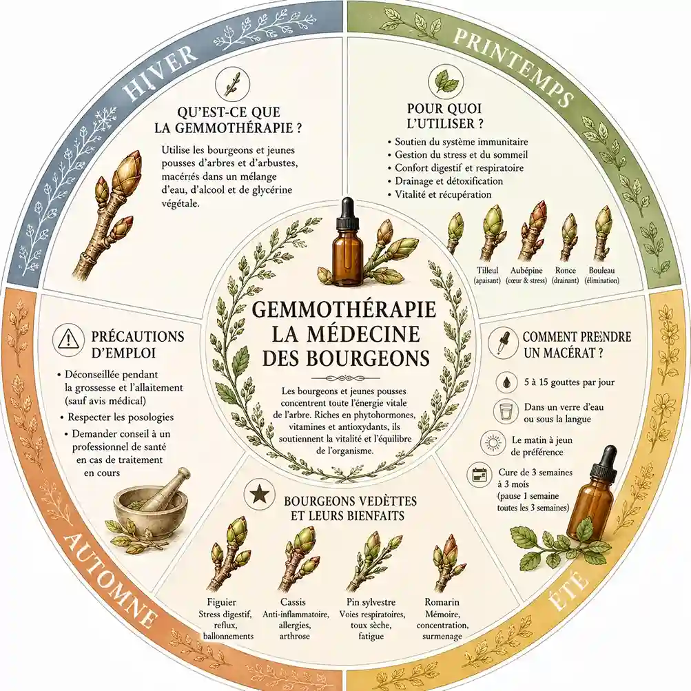 Infographie complète sur la gemmothérapie : principes, bienfaits des bourgeons vedettes par saison, posologie et précautions d'emploi