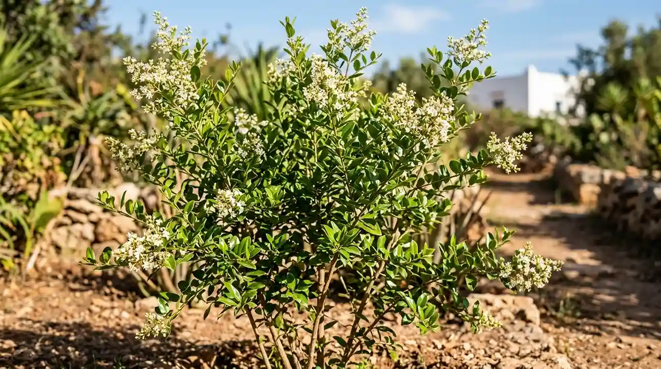 Henné Lawsonia inermis — arbuste, feuilles et propriétés médicinales Henné (Lawsonia inermis) : arbuste aux feuilles elliptiques vert luisant et petites fleurs blanches parfumées en panicules — plante médicinale et cosmétique des régions tropicales et subtropicales