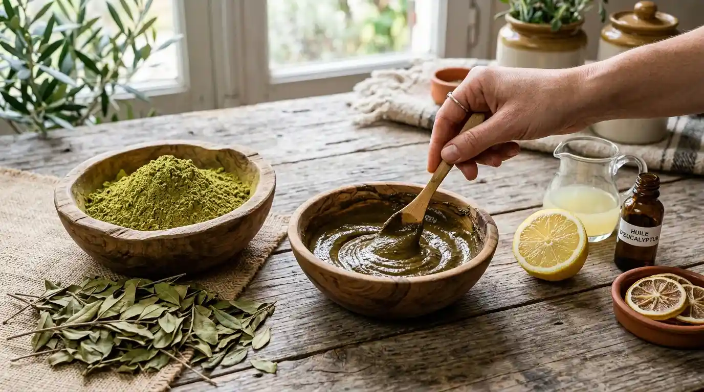 Henné naturel poudre et pâte — préparation et application capillaire Préparation du henné naturel : poudre de Lawsonia inermis dans un bol en bois, pâte de henné mélangée au jus de citron, et feuilles séchées sur fond de bois rustique