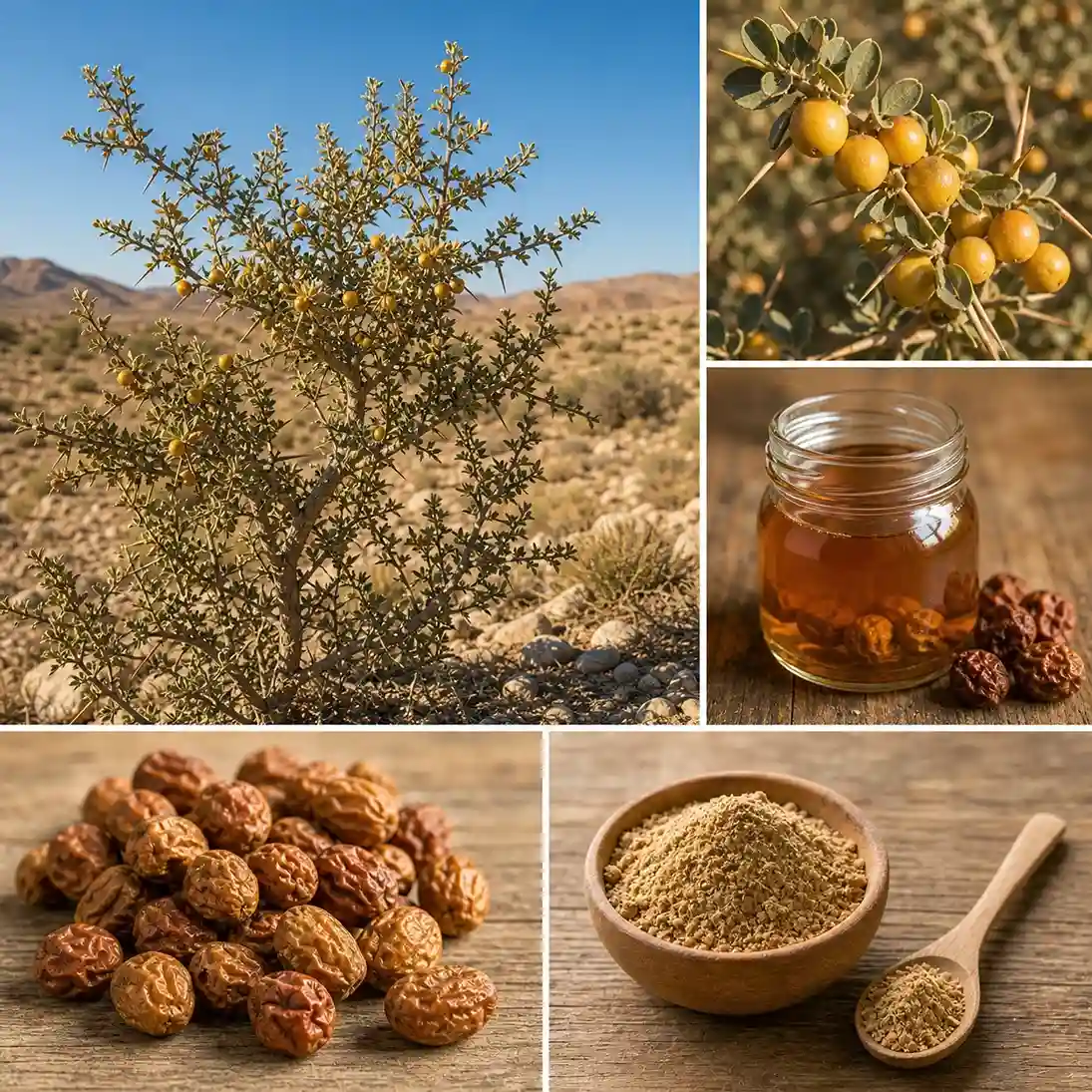 Jujubier sauvage (Ziziphus lotus) dans son milieu naturel désertique : arbuste épineux, baies jaunes fraîches, fruits séchés, décoction et poudre de jujube