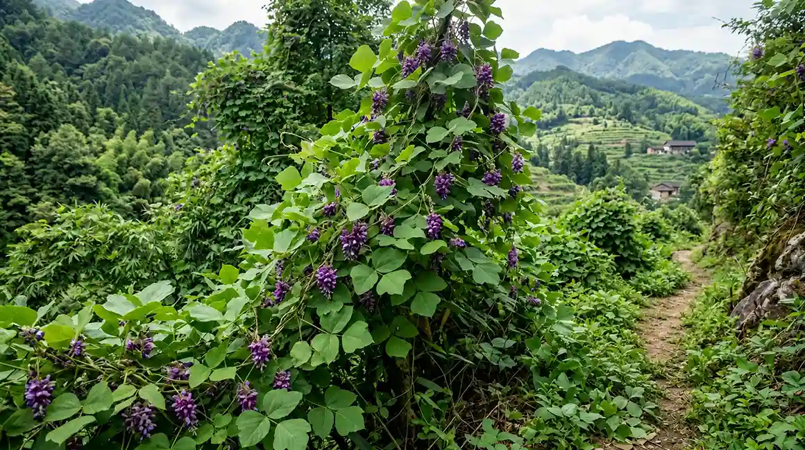 Kudzu Pueraria lobata — bienfaits, ménopause, isoflavones et propriétés médicinales Kudzu (Pueraria lobata) : liane vigoureuse aux grandes feuilles trifoliées et grappes de fleurs violettes parfumées — plante médicinale d'Asie de l'Est utilisée en médecine traditionnelle chinoise
