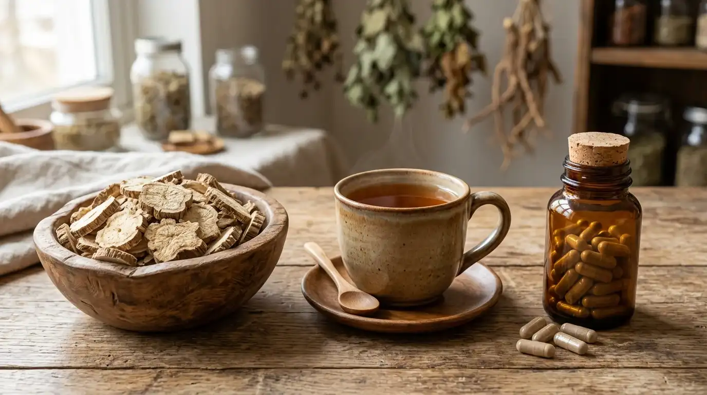 Kudzu racine séchée et extrait standardisé — formes et posologie pour la ménopause Racine séchée de kudzu coupée en tranches dans un bol en bois, décoction ambrée en tasse et gélules d'extrait standardisé — formes médicinales de Pueraria lobata pour la ménopause et la circulation