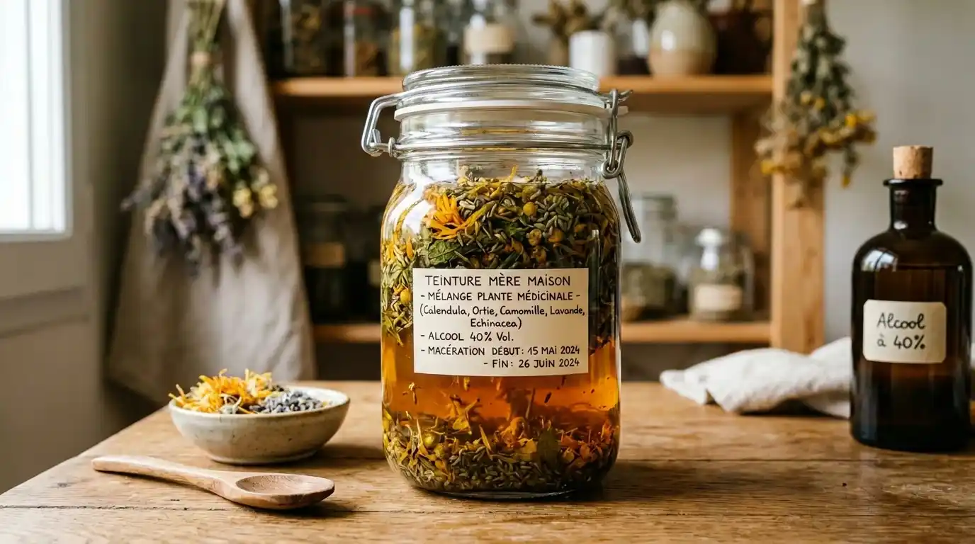 Macération de plantes dans l'alcool : première étape de la fabrication d'une teinture mère Bocal en verre hermétique avec plantes médicinales en macération dans l'alcool, liquide ambré, pour fabriquer une teinture mère maison