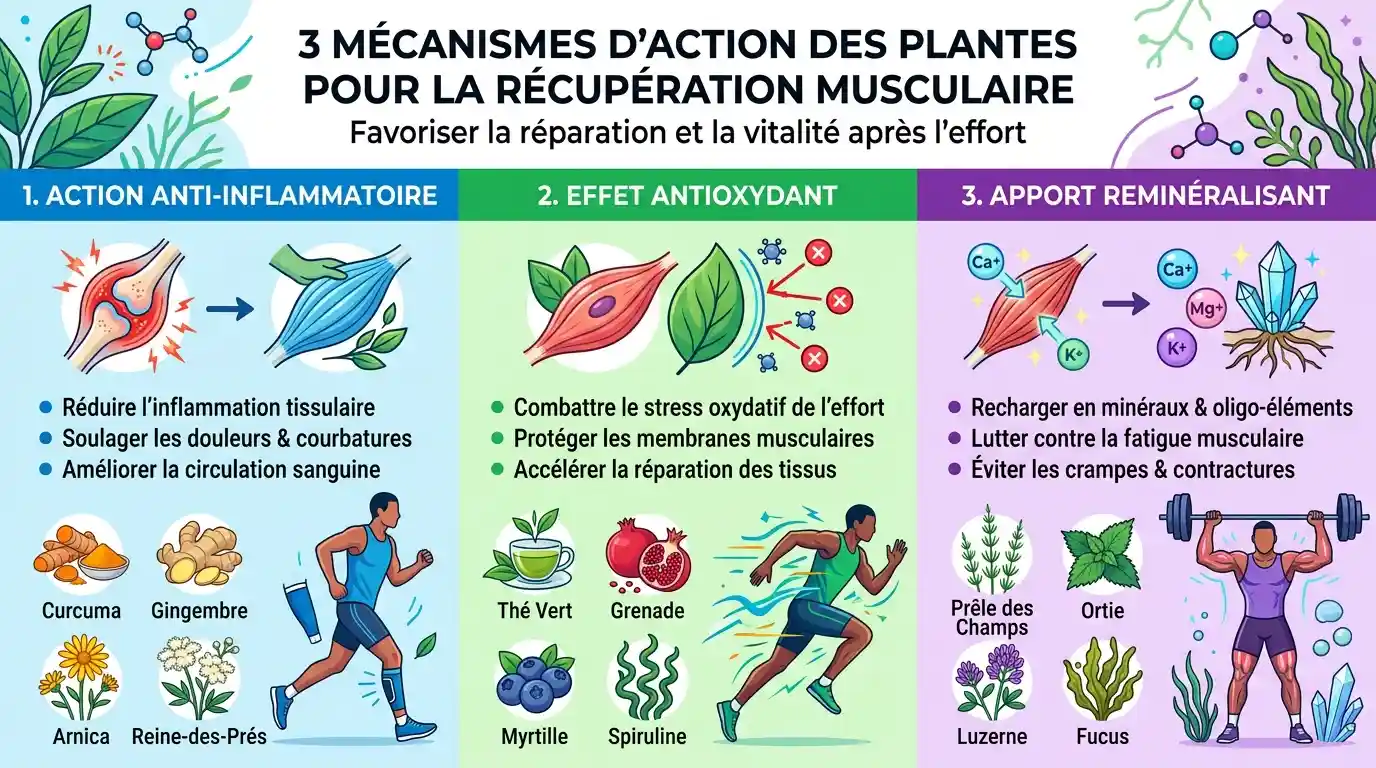 Comment les plantes agissent sur la récupération musculaire — 3 mécanismes complémentaires Infographie des trois mécanismes d'action des plantes pour la récupération musculaire : anti-inflammatoire, antioxydant et reminéralisant