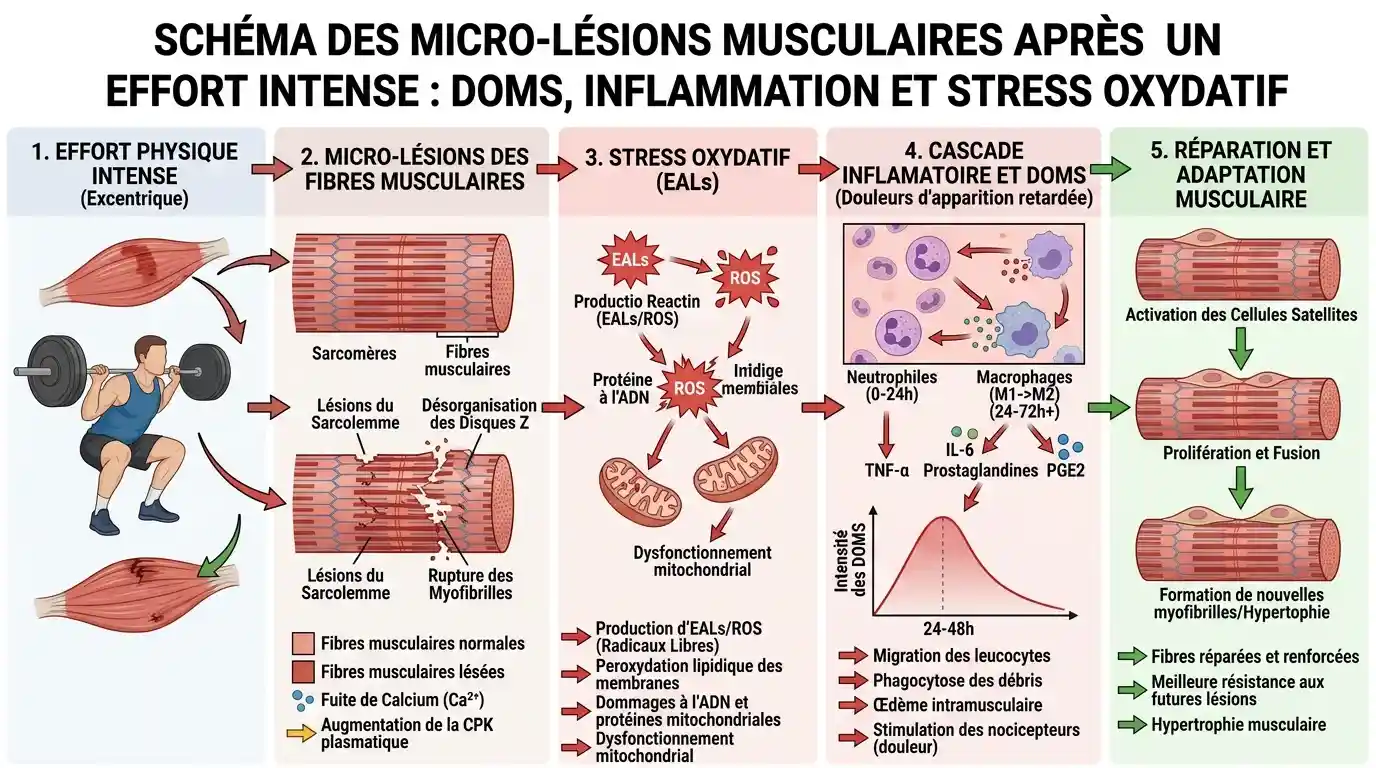 Ce qui se passe dans les muscles après l'effort — récupération musculaire naturelle Schéma des micro-lésions des fibres musculaires après un effort intense : DOMS, inflammation et stress oxydatif