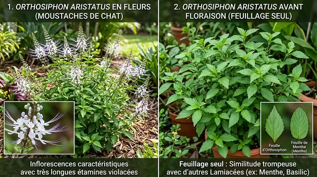 Identification d'Orthosiphon aristatus — reconnaître la plante avant et après floraison Comparaison entre Orthosiphon aristatus en fleurs (longues étamines violacées caractéristiques) et la même plante avant floraison, dont le feuillage seul peut être confondu avec d'autres Lamiacées
