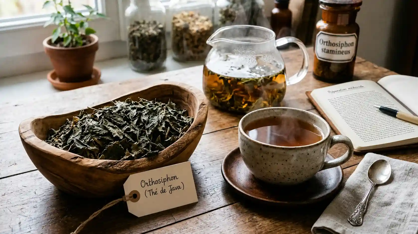 Orthosiphon thé de Java — feuilles séchées et infusion pour le drainage rénal Feuilles séchées d'orthosiphon (thé de Java) dans un bol en bois et infusion ambrée en tasse — préparation médicinale pour le drainage rénal et la prévention des calculs