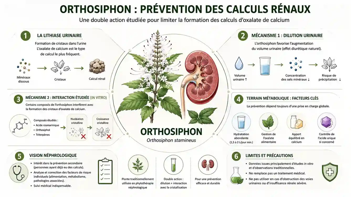 Orthosiphon et prévention des calculs rénaux : mécanismes étudiés Infographie pédagogique expliquant les mécanismes étudiés de l’orthosiphon dans la prévention des calculs rénaux par dilution urinaire et interaction avec la cristallisation de l’oxalate de calcium