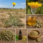 Montage montrant la piloselle (pilosella officinarum ) en fleur dans son habitat naturel, un gros plan de l'inflorescence jaune, la tisane, la plante séchée, la teinture mère de piloselle, les gélules et sa poudre utilisée en phytothérapie
