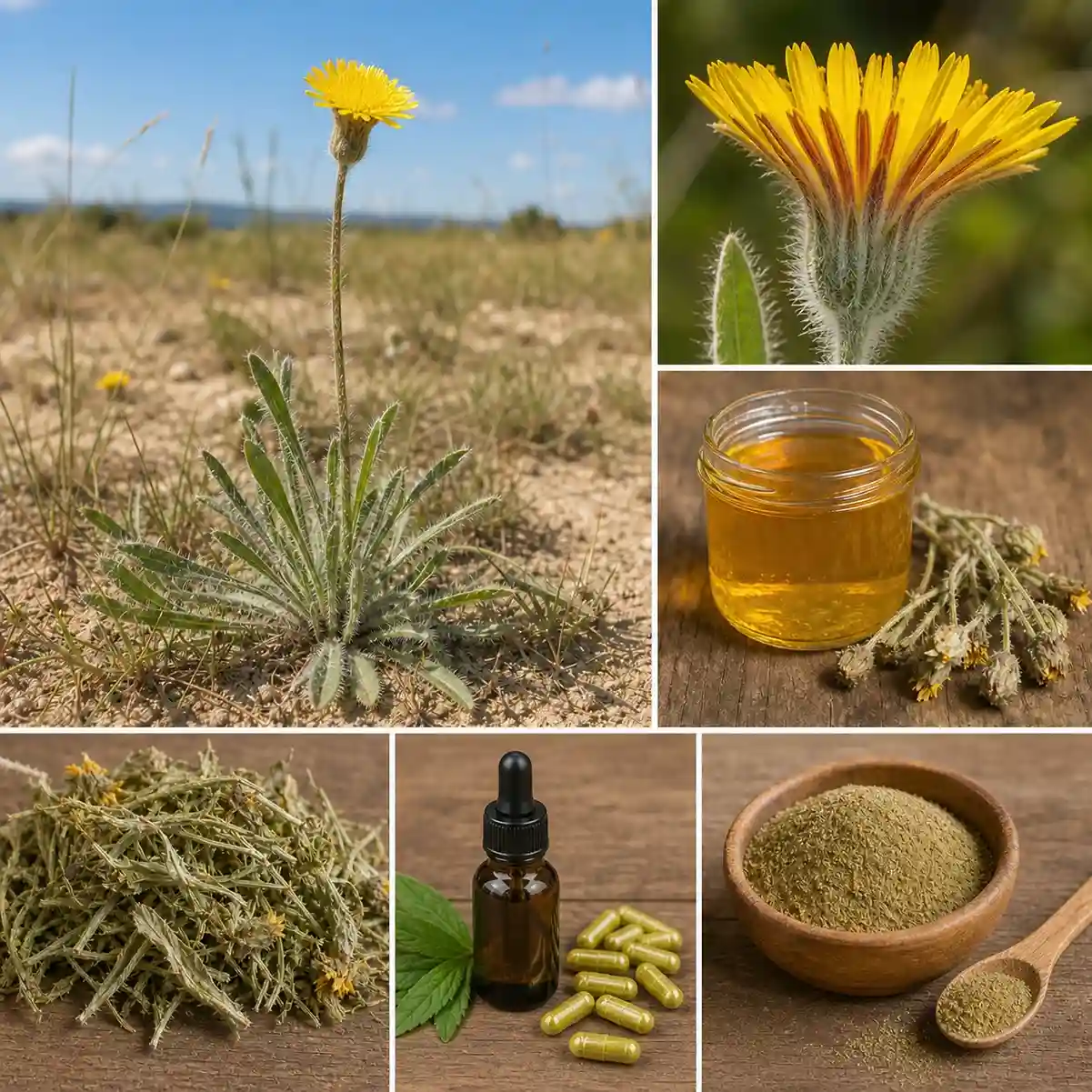 Montage montrant la piloselle (pilosella officinarum ) en fleur dans son habitat naturel, un gros plan de l'inflorescence jaune, la tisane, la plante séchée, la teinture mère de piloselle, les gélules et sa poudre utilisée en phytothérapie