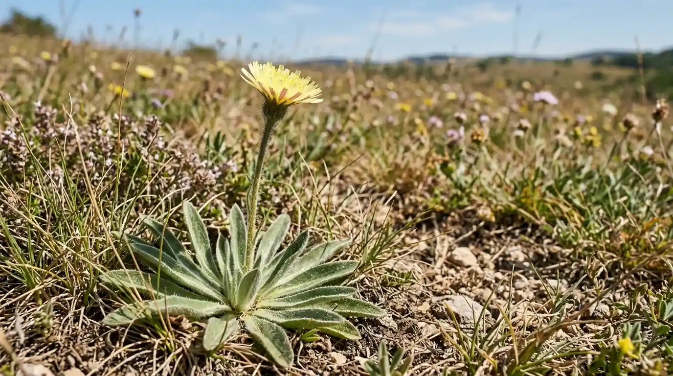 Piloselle Pilosella officinarum — bienfaits diurétiques, hypertension et propriétés médicinales Piloselle (Pilosella officinarum) en floraison : rosette de feuilles allongées velues vert-gris et tige portant une fleur jaune pâle à languettes — plante médicinale diurétique des pelouses sèches européennes