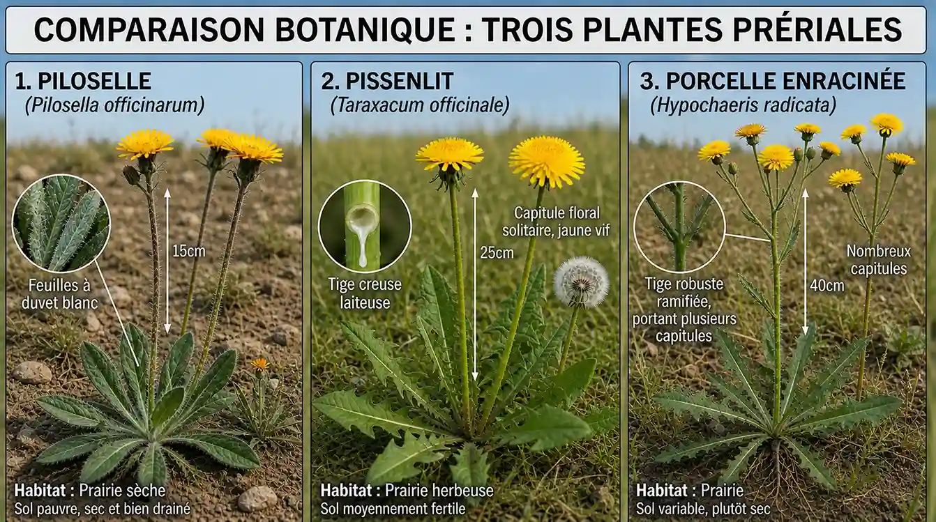 Piloselle vs pissenlit vs porcelle enracinée — critères d'identification pour éviter les confusions botaniques Comparaison botanique entre la piloselle (Pilosella officinarum, fleur bicolore jaune-orangée, feuilles à duvet blanc), le pissenlit (Taraxacum officinale, tige creuse laiteuse, feuilles lobées) et la porcelle enracinée (Hypochaeris radicata, tige ramifiée, plusieurs fleurs)