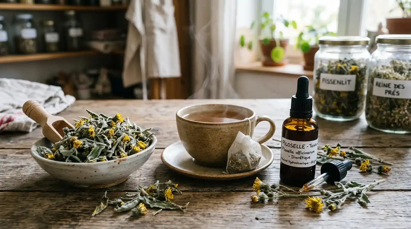 Piloselle séchée, infusion et teinture mère — formes et posologie pour drainage et hypertension Piloselle séchée en vrac, infusion en tasse et flacon de teinture mère sur surface en bois naturel — formes médicinales de Pilosella officinarum pour la phytothérapie diurétique