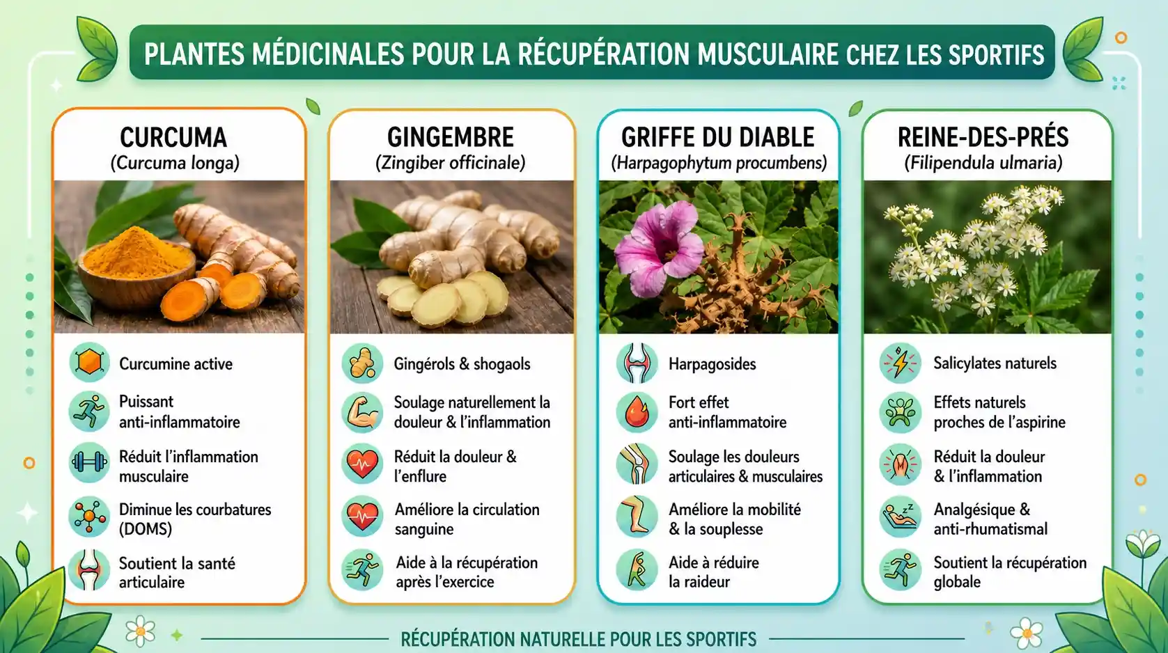 Plantes pour la récupération musculaire — phytothérapie du sportif Plantes médicinales pour la récupération musculaire du sportif : curcuma, gingembre, harpagophytum et reine-des-prés