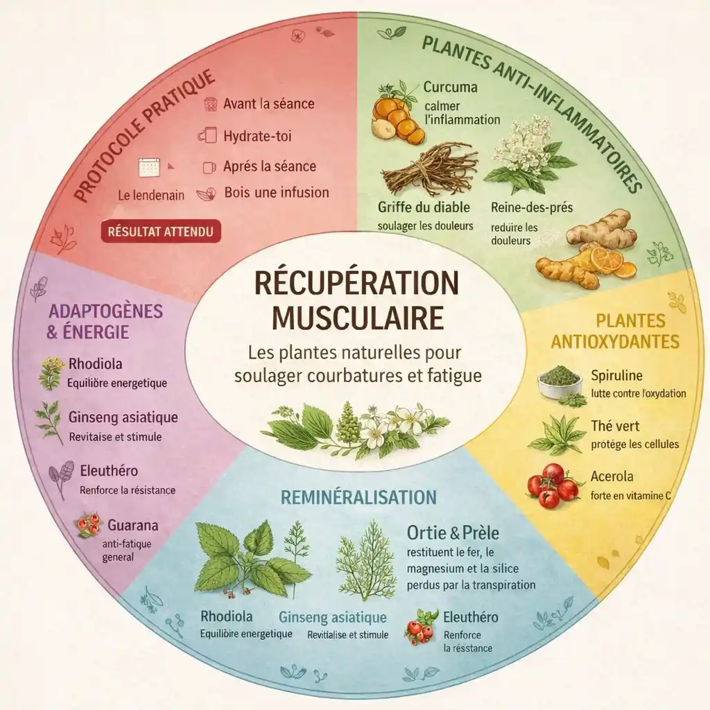Infographie circulaire des plantes pour la récupération musculaire : anti-inflammatoires, antioxydantes, reminéralisantes et adaptogènes