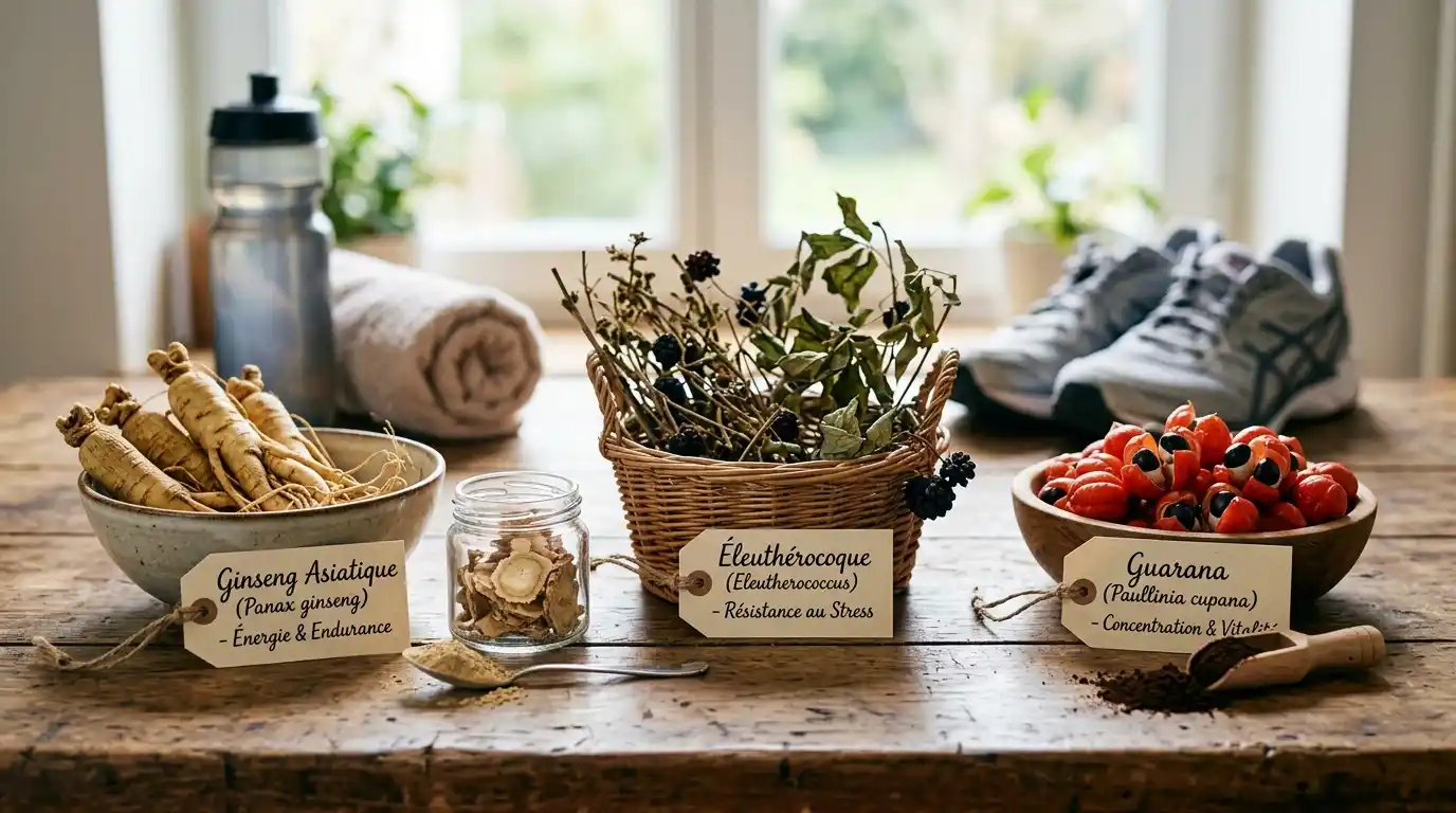 Plantes adaptogènes avant l'entraînement — ginseng, éleuthérocoque, guarana Plantes adaptogènes pour préparer l'effort sportif : ginseng asiatique, éleuthérocoque et guarana disposés sur une table en bois
