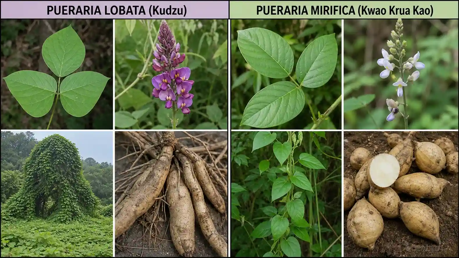 Pueraria lobata vs Pueraria mirifica : deux espèces du même genre aux profils très différents Comparaison botanique entre Pueraria lobata (kudzu) et Pueraria mirifica : feuilles, fleurs et différences d'usage