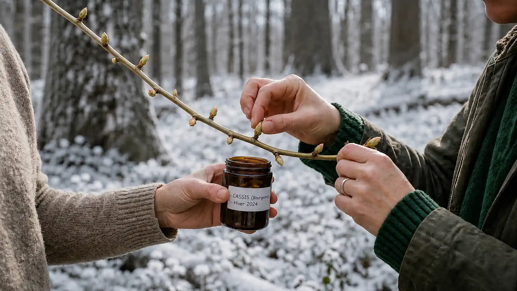 Cueillette hivernale de bourgeons de cassis Mains cueillant des bourgeons de cassis sur une branche en forêt enneigée avec un flacon en verre pour la gemmothérapie