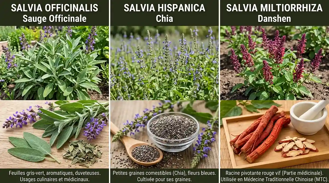 Salvia officinalis vs hispanica vs miltiorrhiza — trois espèces de sauge aux usages très différents Comparaison de trois espèces du genre Salvia : Salvia officinalis (sauge officinale, feuilles grises aromatiques), Salvia hispanica (chia, petites graines), et Salvia miltiorrhiza (danshen, racine rouge de la médecine chinoise)