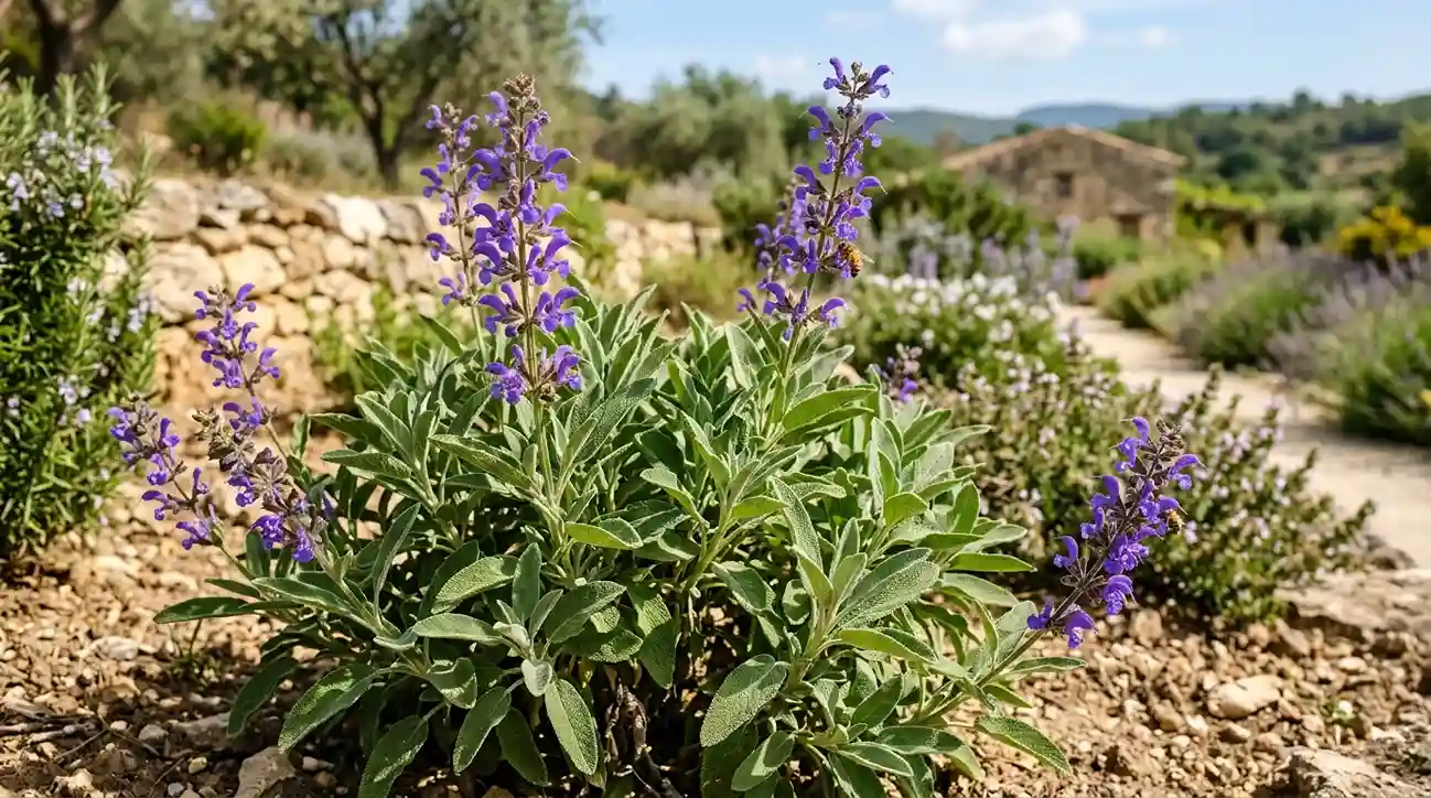 Sauge officinale Salvia officinalis — bienfaits, ménopause et propriétés médicinales Sauge officinale (Salvia officinalis) : feuilles ovales gaufrées vert-grisâtre et épis de fleurs violet-bleuté — plante médicinale méditerranéenne reconnue pour la ménopause et les soins digestifs