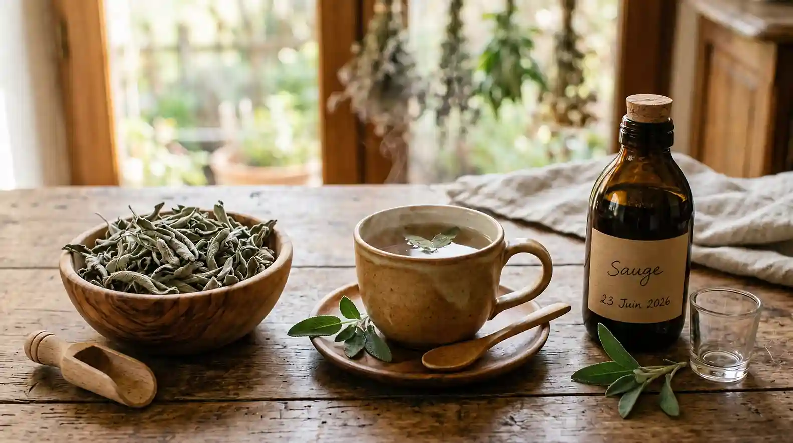 Sauge officinale séchée et infusion — formes et posologie pour ménopause et gorge Feuilles séchées de sauge officinale dans un bol en bois, infusion en tasse et préparation pour gargarisme — formes médicinales pour la ménopause et les soins de la gorge