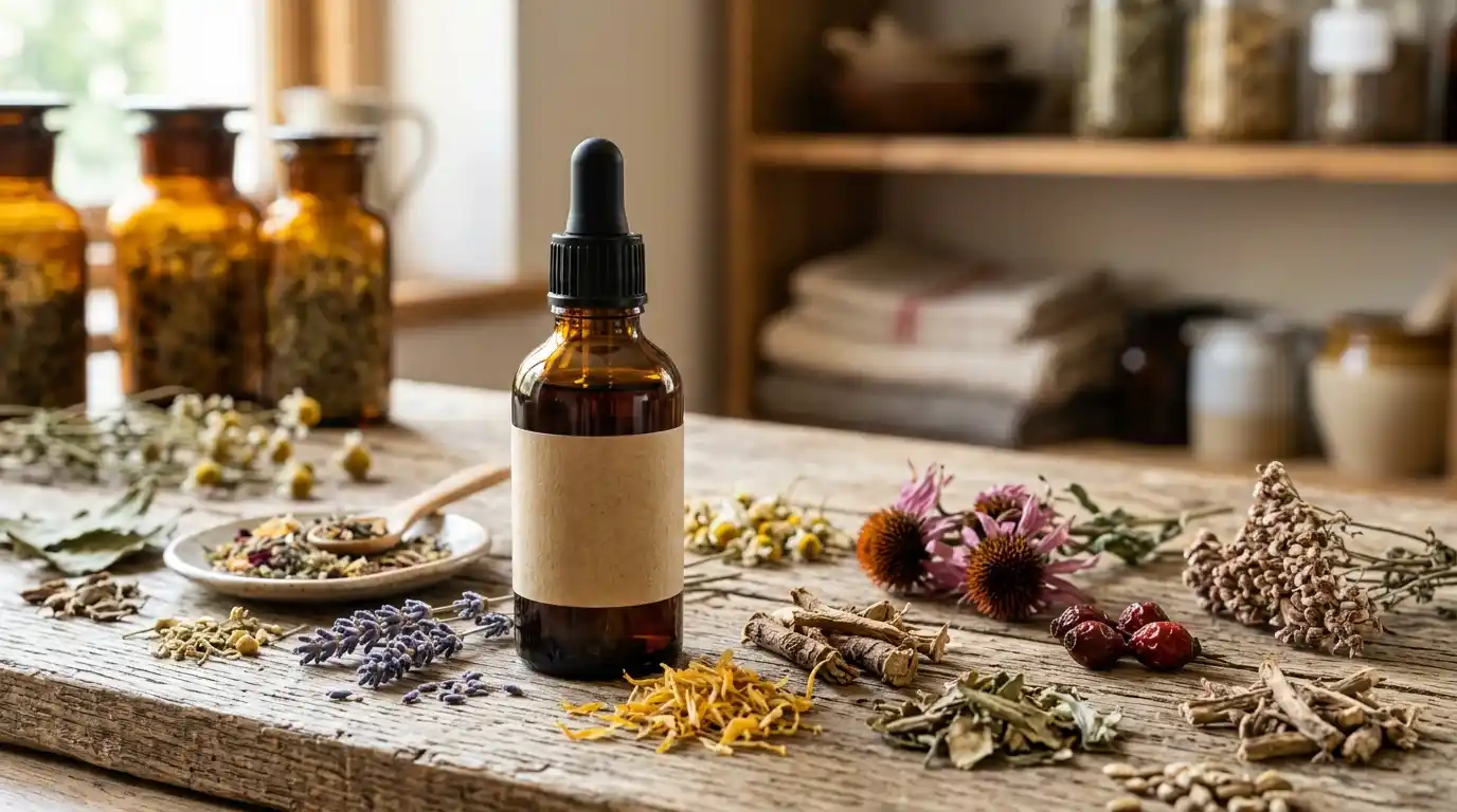 Teinture mère en flacon compte-gouttes : une des formes galéniques les plus anciennes de la phytothérapie Flacon en verre ambré avec compte-gouttes de teinture mère posé sur planche en bois avec plantes médicinales séchées