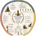 Infographie circulaire sur la teinture mère présentant l’extraction alcoolique, les usages, le dosage, la conservation, les précautions d’emploi et les étapes de fabrication