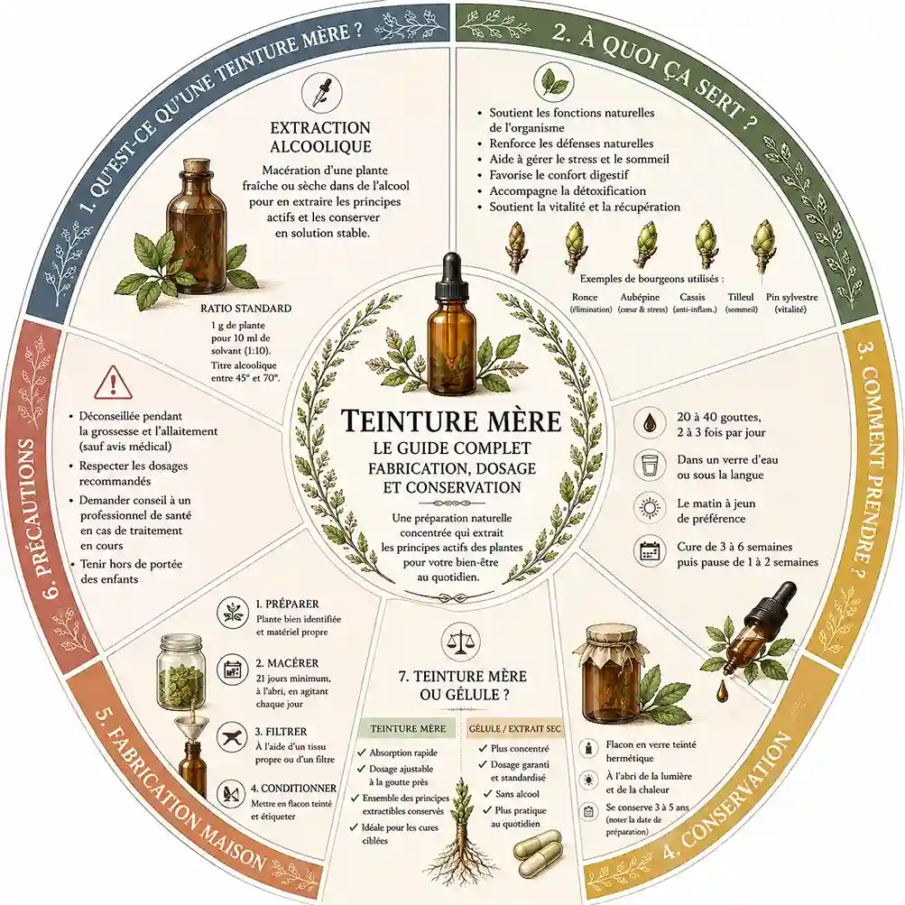 Infographie circulaire sur la teinture mère présentant l’extraction alcoolique, les usages, le dosage, la conservation, les précautions d’emploi et les étapes de fabrication
