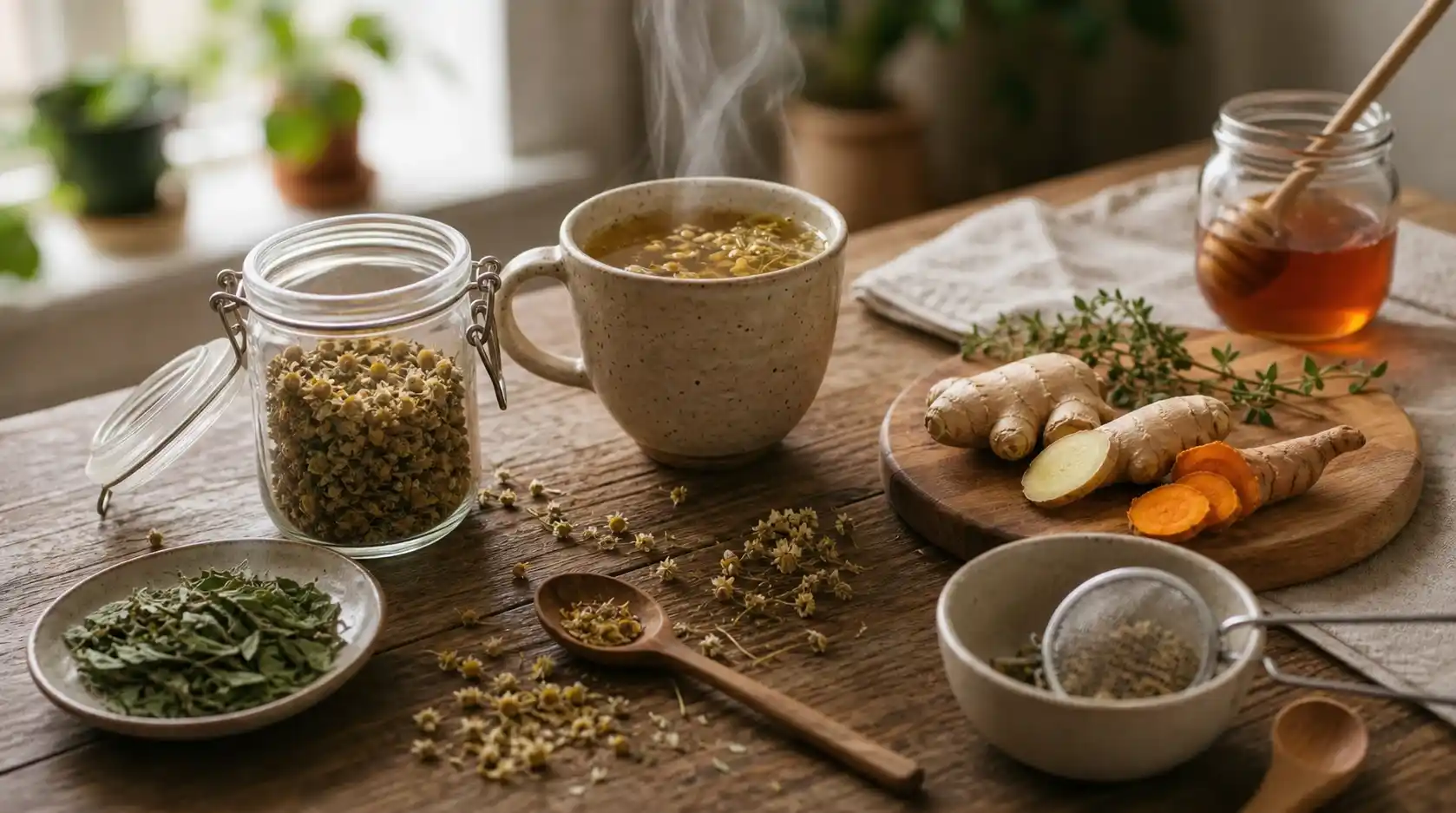 Tisane pour la récupération musculaire — recettes naturelles pour sportifs Tasse de tisane pour la récupération musculaire pour sportifs à base de reine-des-prés, gingembre et curcuma