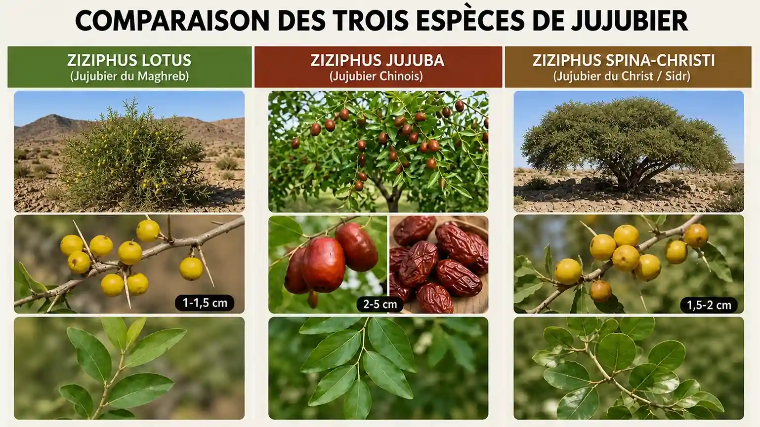 Ziziphus lotus, Ziziphus jujuba et Ziziphus spina-christi — différences entre les trois espèces de jujubier Comparaison des trois espèces de jujubier : Ziziphus lotus (petits fruits jaunes, arbuste épineux du Maghreb), Ziziphus jujuba (grands fruits rouges, jujubier chinois) et Ziziphus spina-christi (sidr, arbre du Moyen-Orient)