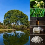 Camphrier (Cinnamomum camphora) avec ses feuilles, ses fleurs, ses fruits noirs et les principales formes d'utilisation du camphre : huile essentielle, baume et camphre cristallisé.