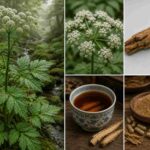 Dong Quai (Angelica sinensis) : plante entière au feuillage caractéristique et ombelle de fleurs blanches, racine séchée complète, décoction traditionnelle et poudre en gélules , bienfaits sur le cycle féminin
